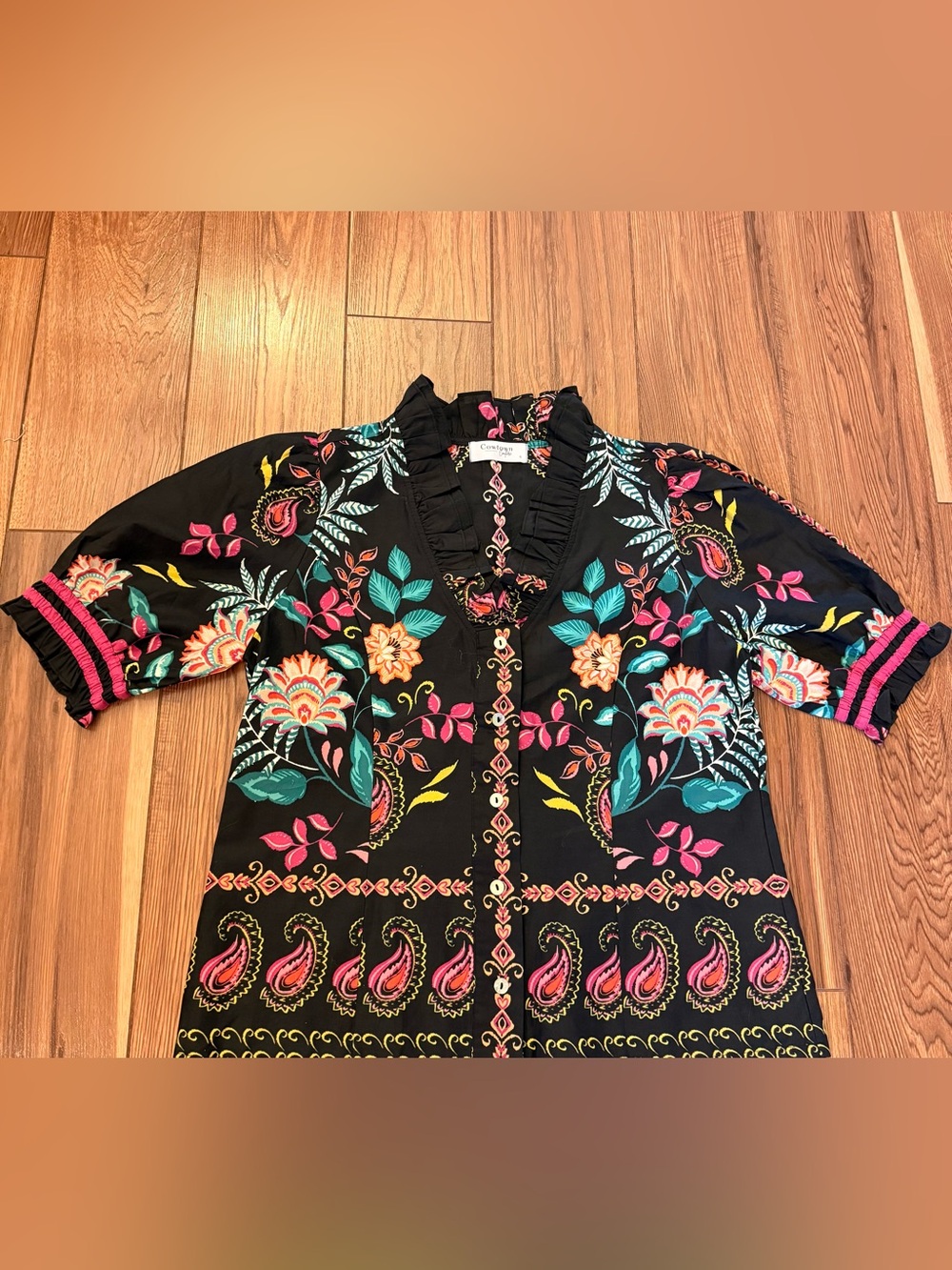 Black Floral Embroidered V-Neck Top